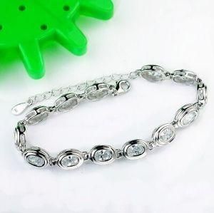 Sterling Silver Oval Links with CZ Charm Bracelet (B0090)