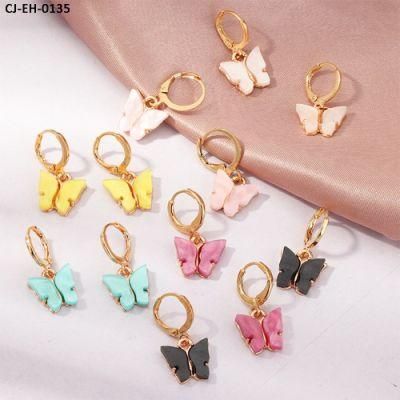 Fashion Korean Style Colorful Women Acrylic Alloy Statement Butterfly Pendant Stud Earrings Wholesale