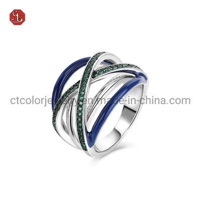 Fashion Jewelry Two X Shape Cross Silver Jewelry Cubic Zirconia Stone Enamel Ring