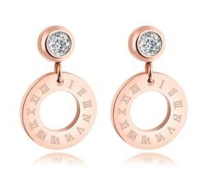 Stainless Steel Women Earrings Circle Design Stud Earrings Roman Numerals Rose Gold Color Cubic Zirconia Earrings Jewelry