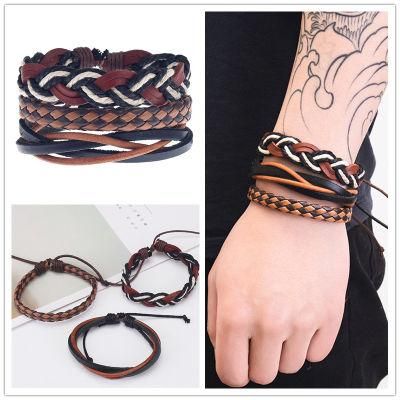 3 Pieces Leather Cuff Bracelet for Men and Women Punk Rock Braided Bracelet Via Brown Black Wristband Handmade Jewelry