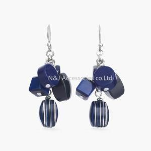 Women Vintage Hollow Drop Earrings Jewelry Antique Silver Acrylic Blue Beads Round Pendant Dangle Earrings