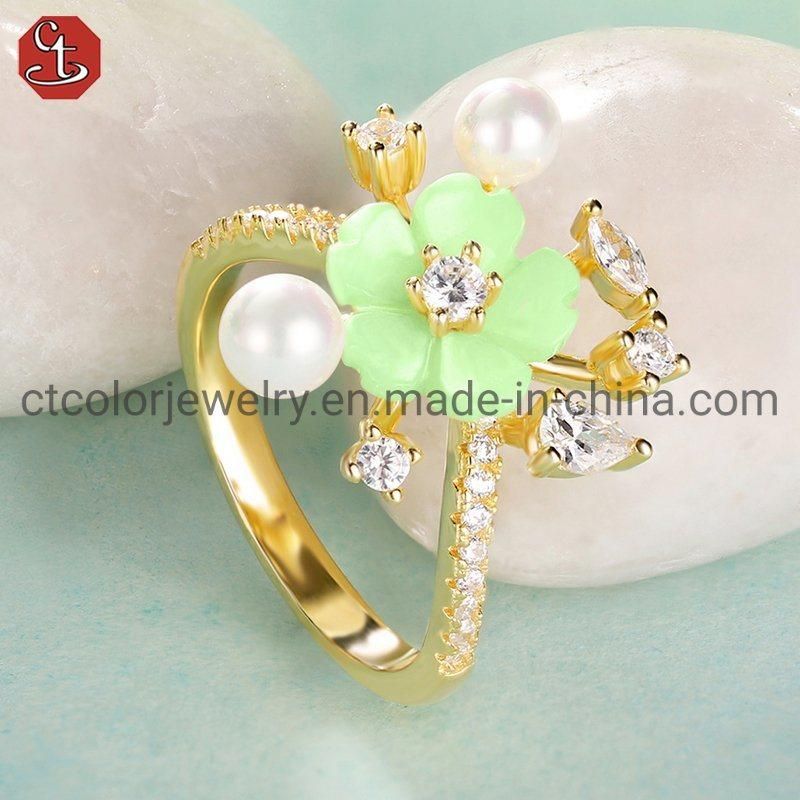 925 Silver 18K Gold Plated Shell Flower Pearl Hoop Earrings Ring Jewelry Set
