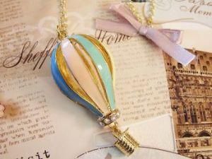 Fairytale Pink Blue Air Balloon in Gold Tone Long Necklace