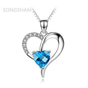 S925 Sterling Silver Blue Diamond Zirconia Heart Pendant Gift for Mother&prime; S Day Necklace