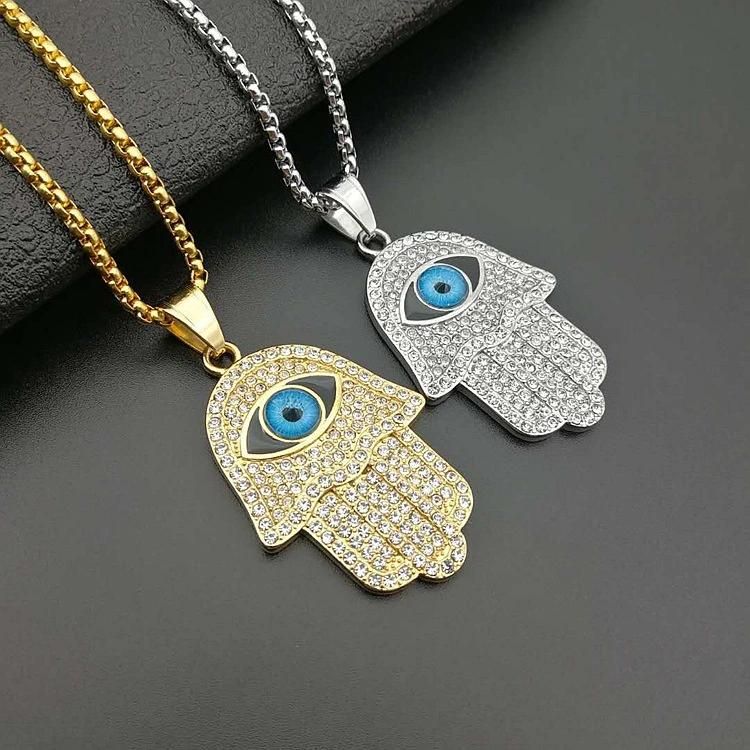 Titanium Steel Gilted Blue Eye Fatima Hand Pendant Necklace