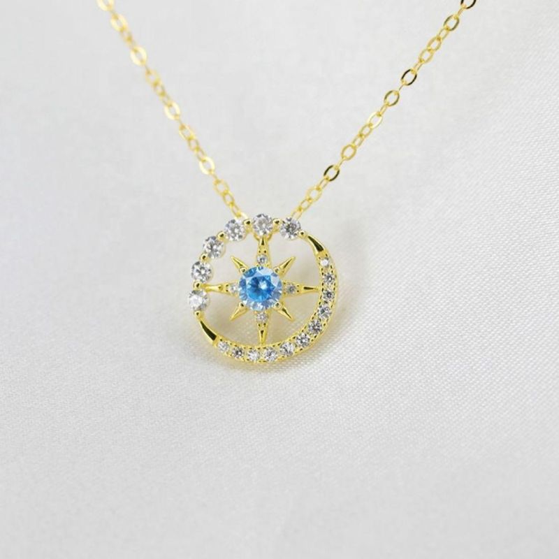 925 Silver Jewelry Blue Zircon Geometric Circle Pendant Clavicle Chain Necklace Women 14K/18K Gold Plated Jewelry
