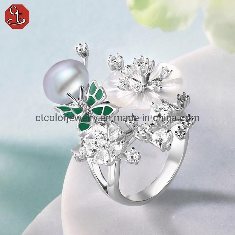 Hot sale jewelry white CZ green enamel mop flower ring for women