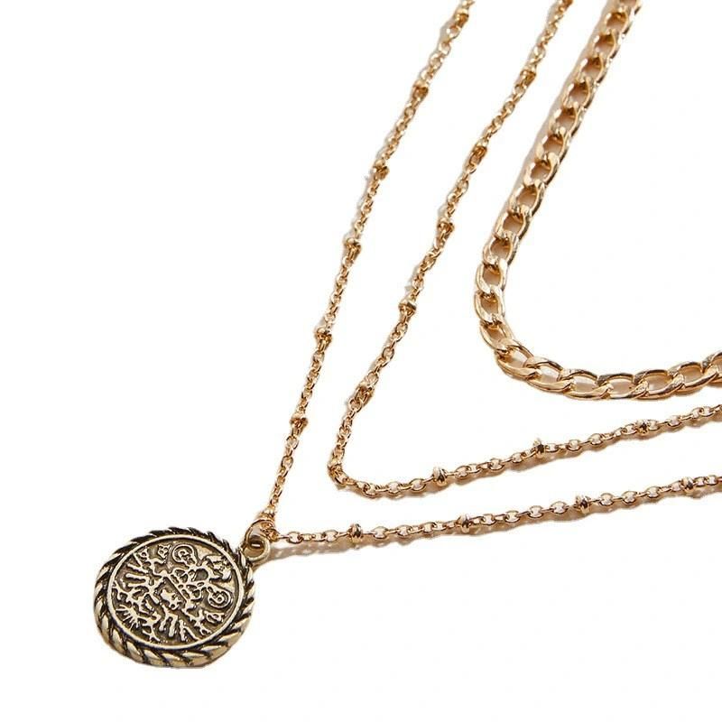 Wholesale 3 Rows Burnished Gold Chains Round Coin Pendant Layered Women Necklace