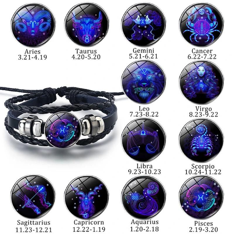 Wholesale 12 Constellation Zodiac Sign Bracelet Men Multilayer Braided Leather Bracelet Bangle for Women Fashion Birthday Party Jewelry