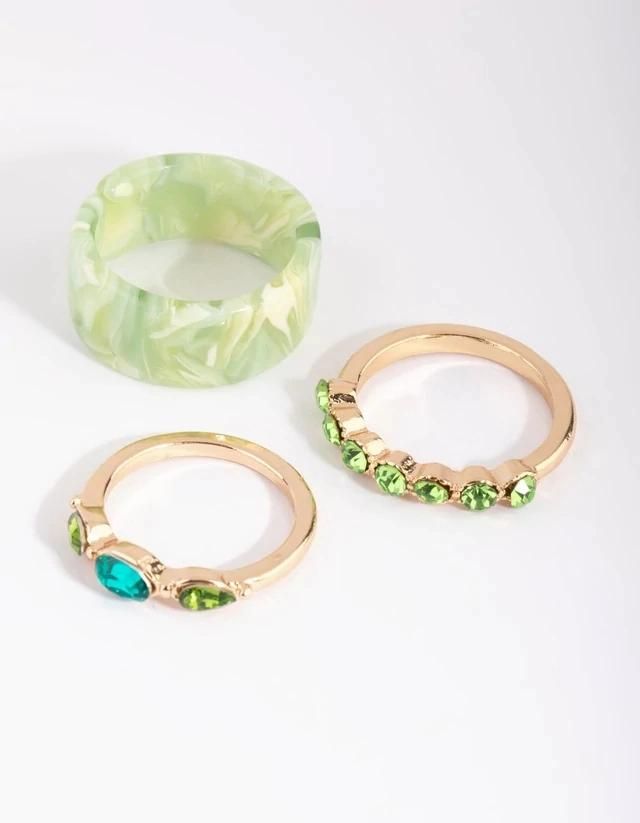 Pastel Gemstone Green Diamante Multiple Coloured Acrylic Ring Pack