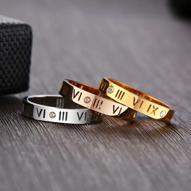 Fashion Jewelry Creative Stainless Steel Roman Numerals Diamond Couple Ring Titanium Steel 18K Rose Gold Finger Ring SSR2062