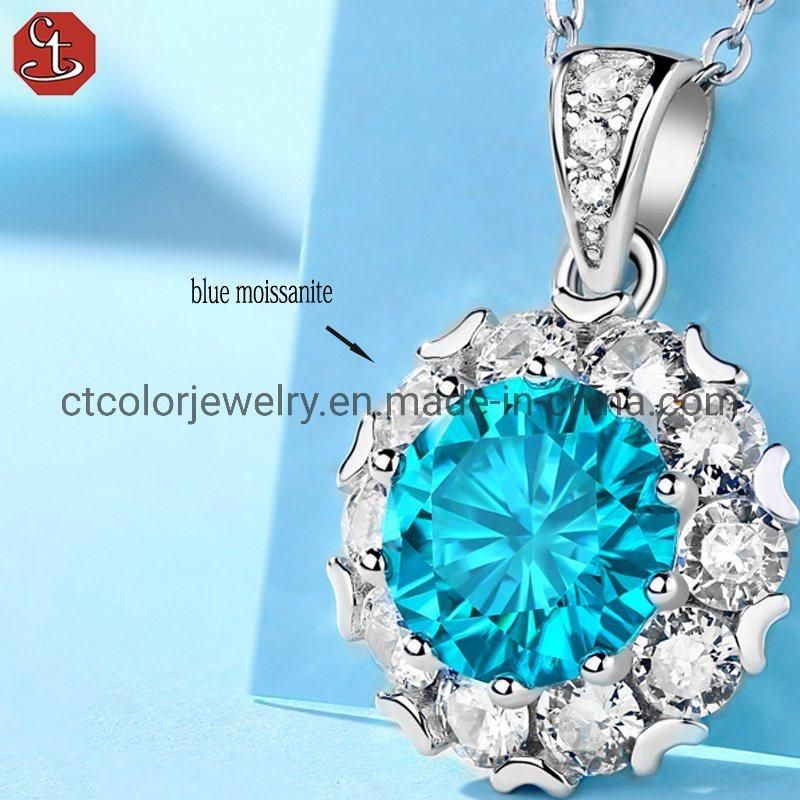 Hot Sale Fashion Jewelry Bule Moissanite Pendant Silver Necklace Women Jewellery