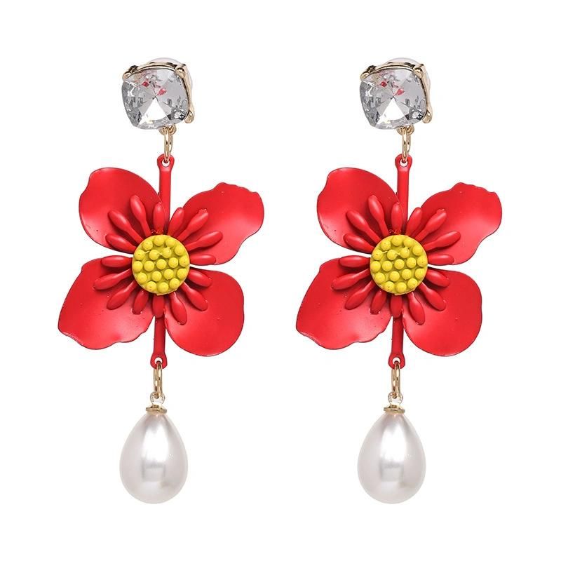 Female Autumn White Floral Diamond Imitation Pearl Resin Earring with Flower