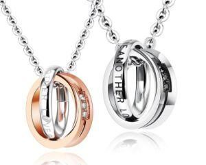 Fashion Jewelry Stainless Steel Valentine Matching Interlocking Double Rings Engraved Promise Couple Pendant Lover Necklaces