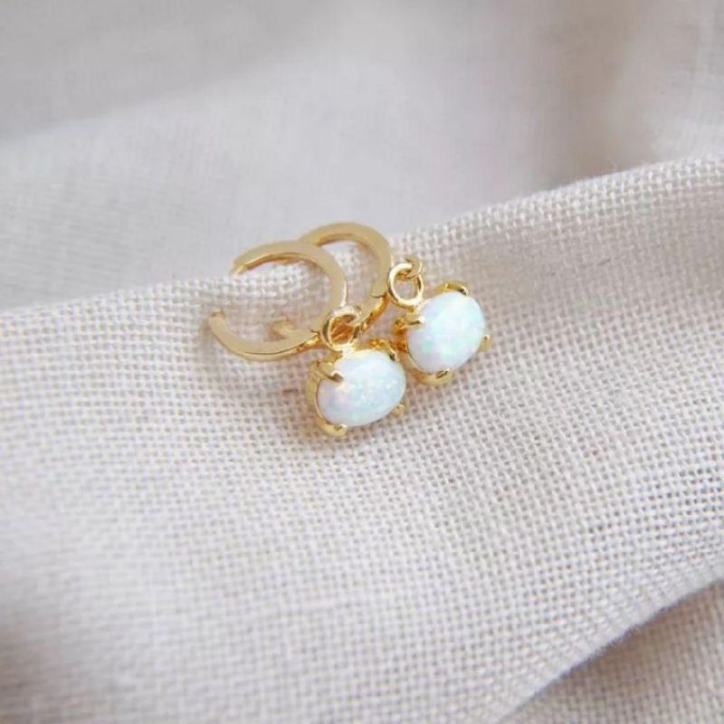 Claw Setting Pear White Opal Gemstone Dangle Charm Jewelry 925 Sterling Silver Hoop Gold Plated Earrings