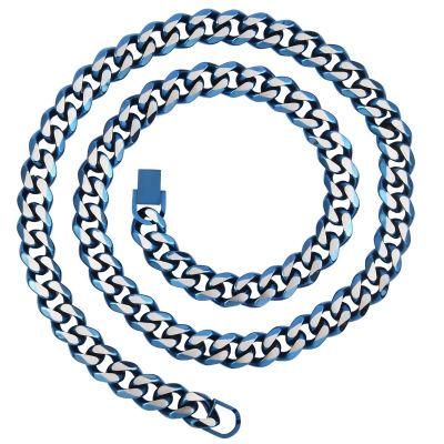 Hip Hop Men Fashion Jewelry 24inch Thick Blue Color Plated Beveled Curb Link Chain Necklace