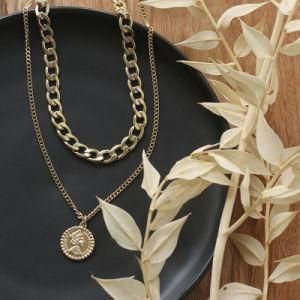 Double Layer Cuban Choker Chain Necklace 14K Gold Plated Stainless Steel Elizabeth Coin Pendant Necklace