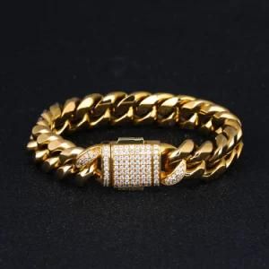 Fashion Men Jewelry CZ Stone Zircon Buckle 18K Gold Stainless Steel Miami Cuban Link Bracelet